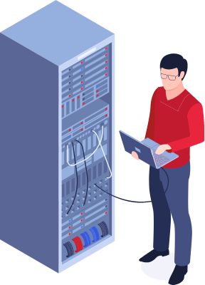 サーバーラック横で端末を操作する人物のイメージ